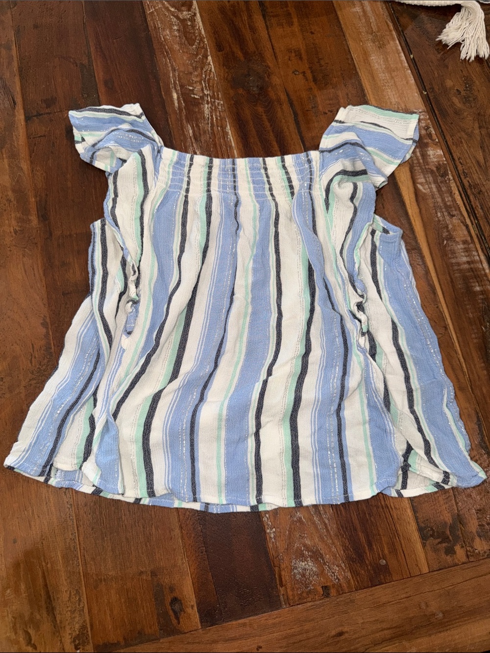 Justice Blue and White Striped Ruffled Shoulder Tank